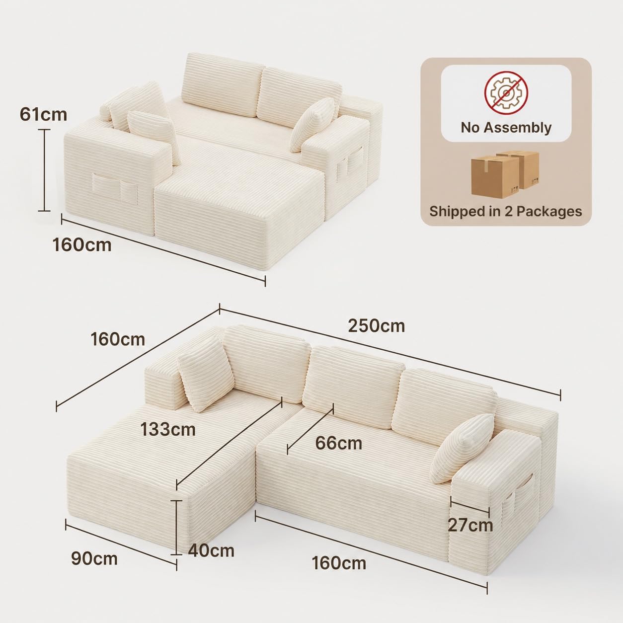 Detalle 2 de Xbro Hoekbank, 3-zits L-bank met longchair links in beige ribstof