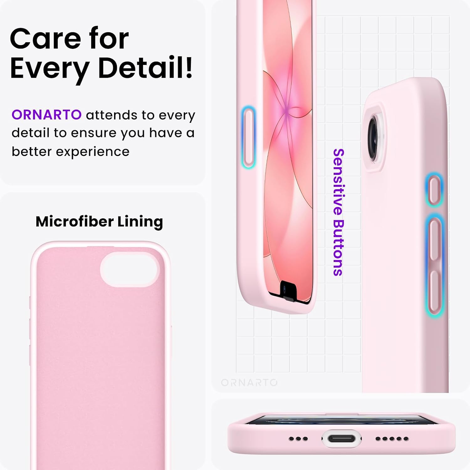 Thumbnail 4 de ORNARTO iPhone 17e/16e Case Slim Silicone 4 Layer Pink