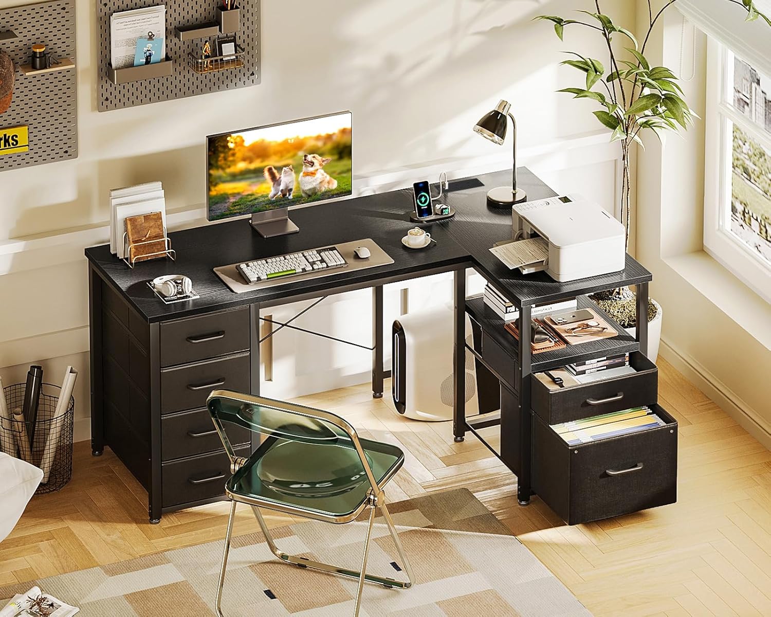 Thumbnail 1 de Coleshome Computer Corner Desk with Drawers (140×70 cm) with Built-in Power Outlet, L-shaped, Black
