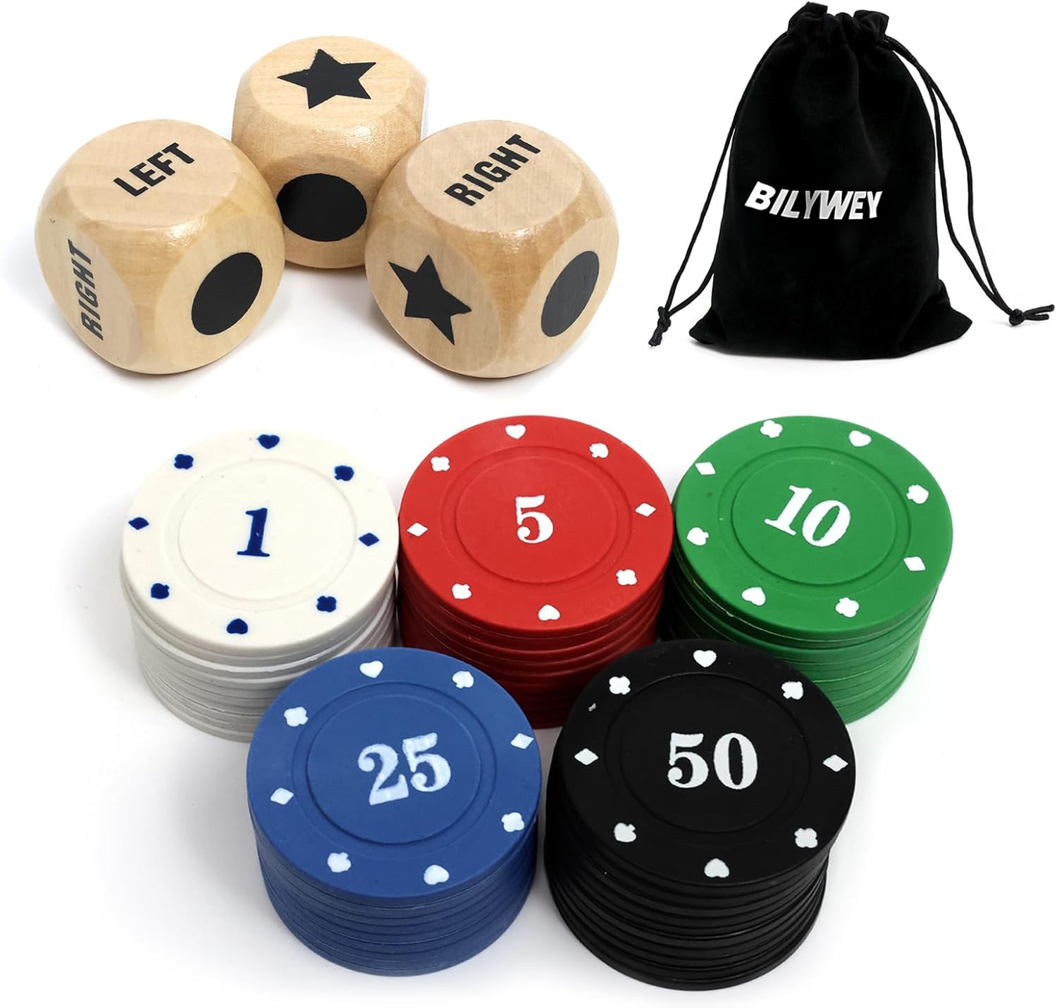 Thumbnail 6 de Bilywey Left Right Center Dice Game Set with 3 Dice + 36 Black Chips (Black)