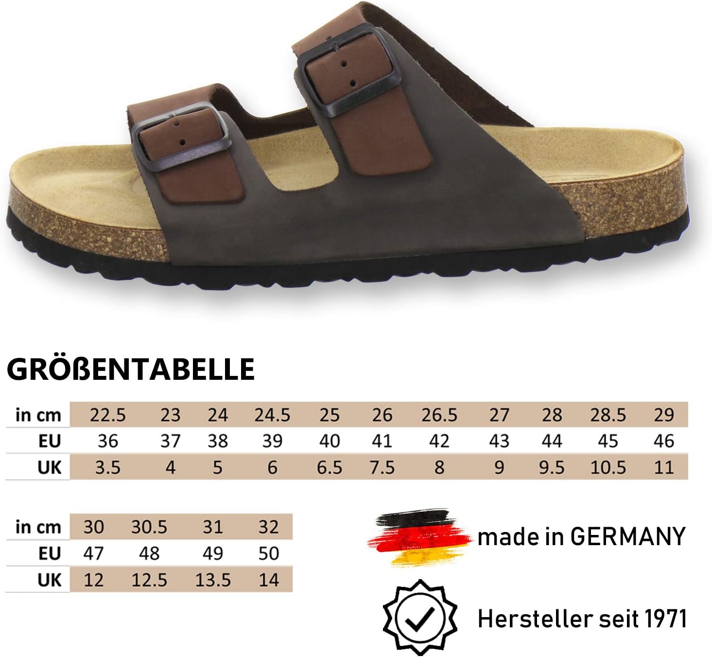 Detalle de AFS Herren Pantoletten & Sandalen aus Leder mit verstellbarer Schnalle – Made in Germany, Größen 36–50