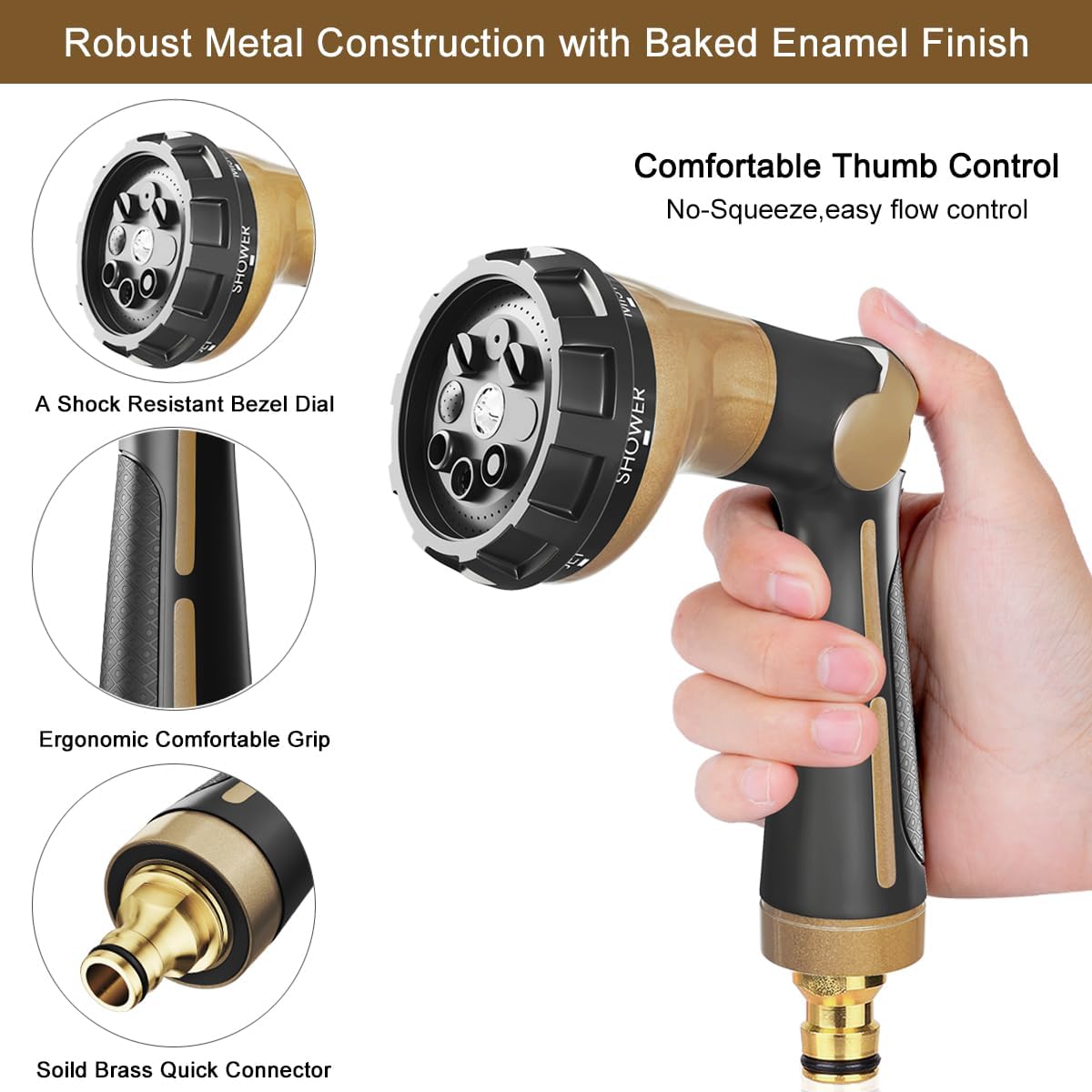 Thumbnail 2 de FANHAO Heavy Duty 100% Metal Hose Pipe Spray Gun with 8 Spray Patterns (Khaki)