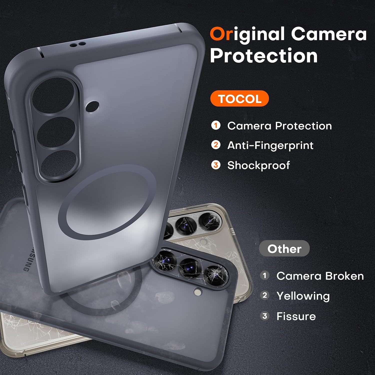 Detalle de TOCOL Magnetic Case for Samsung Galaxy S25 – Slim, Matte Translucent Back with Full Camera Protection and 14ft Shockproof