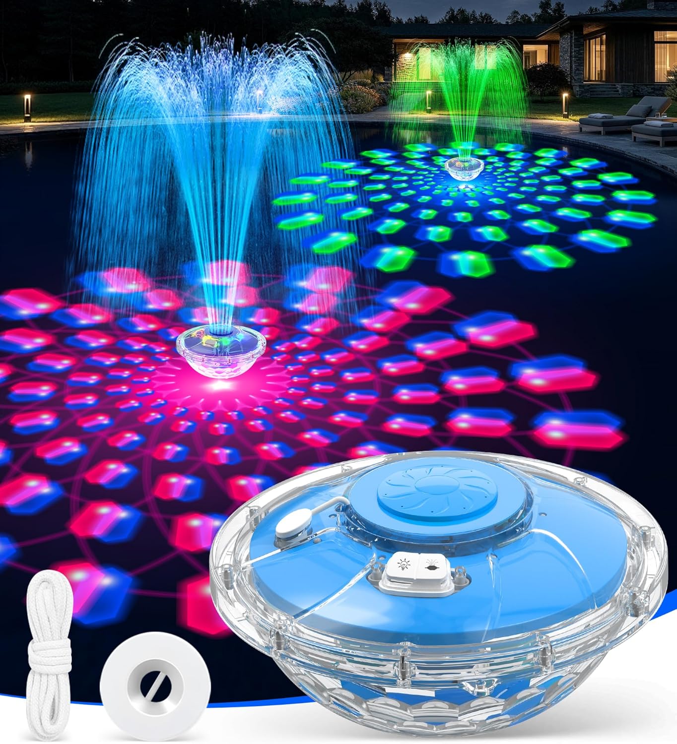Detalle de LanBlu Fontaine Flottantepour Piscine avec Spectacle Lumineux et Ancre – 8000 mAh, 130 cm de jet