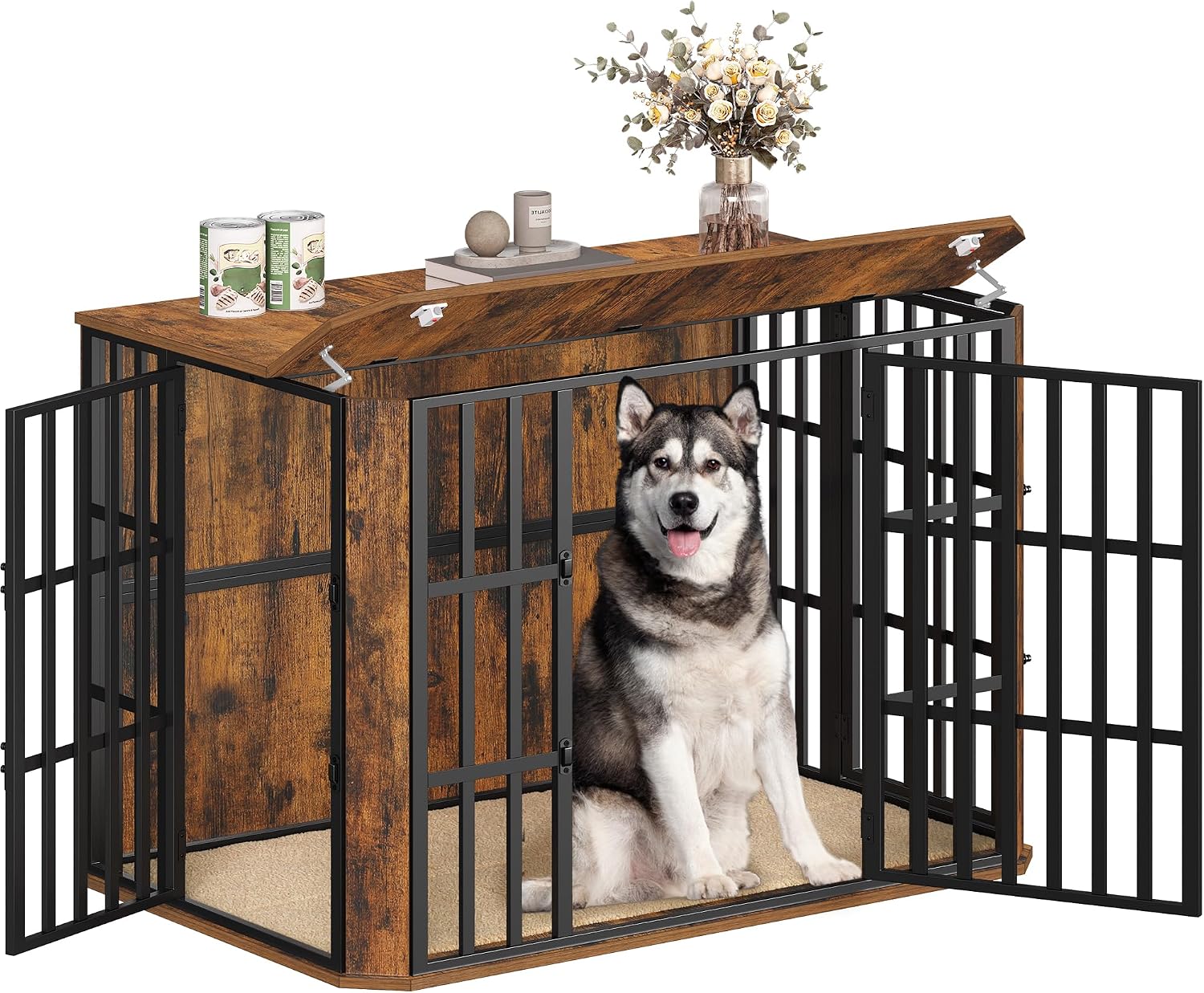 Hzuaneri DFC86801B Cage pour chien en bois lourde avec portes multiples et ouverture supérieure