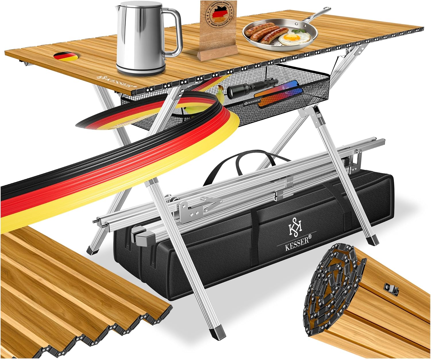 Detalle de KESSER® faltbarer Campingtisch Klapptisch mit Aluminiumrahmen, Holz-Optik, 145 × 70 cm (bis 100 kg) inkl. Tragetasche