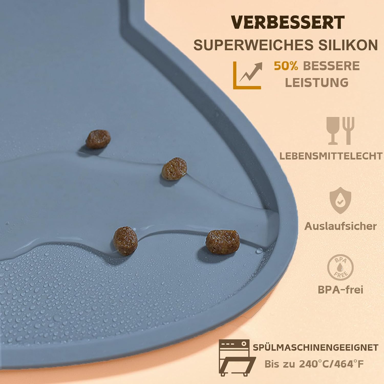 Detalle de septillar Napfunterlage für Katzen & Hunde (52 x 30 cm) – silikon, wasserdicht, rutschfest, Steingrau-Blau