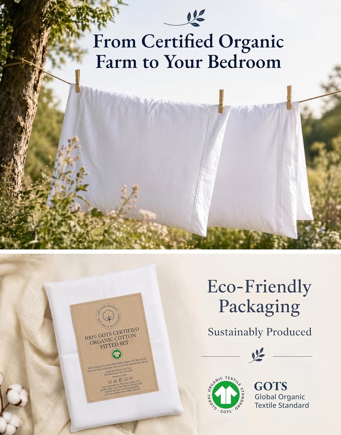 Thumbnail 5 de LANE LINEN Fitted Sheet Double – 100% Organic Cotton, Deep Pocket, 2 Pillowcases