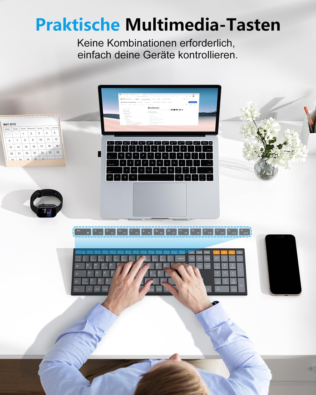 Thumbnail 4 de OMOTON kabellose Bluetooth-Tastatur mit Metallgehäuse (2,4G + BT), beleuchtet, Multi-Device, deutsches QWERTZ