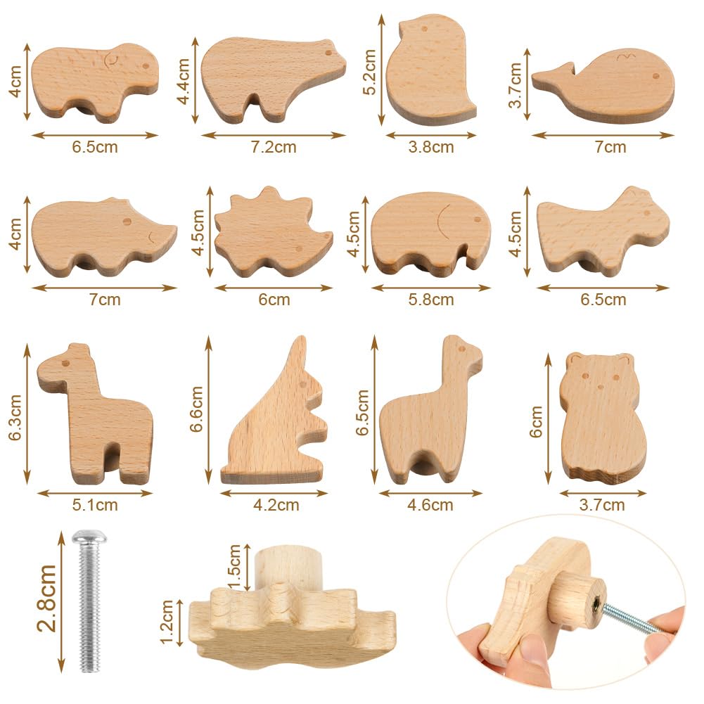 Thumbnail 1 de Aolso Holz-Schrankknöpfe in Tierform für Kinderzimmer – Set mit 12 Möbelgriffen inklusive Schrauben