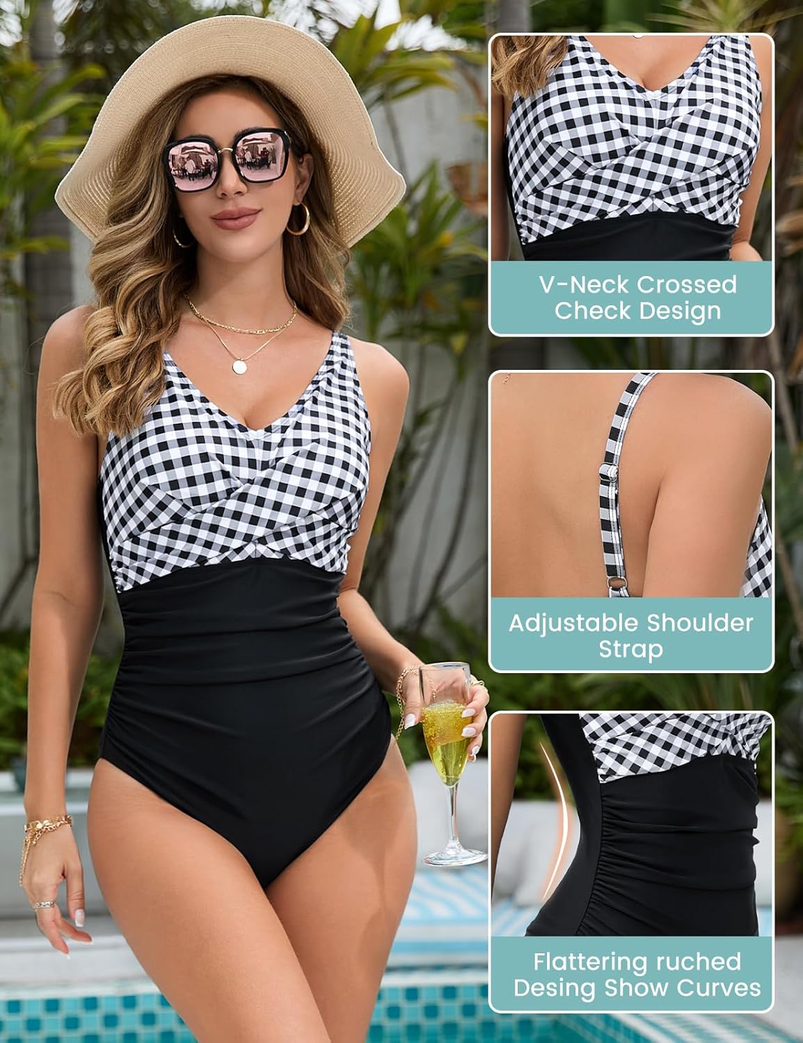 Detalle 2 de Vijamiy Badeanzug Damen Bauchweg Schlankheits Push Up | One Piece V-Ausschnitt, Colour-Blocking