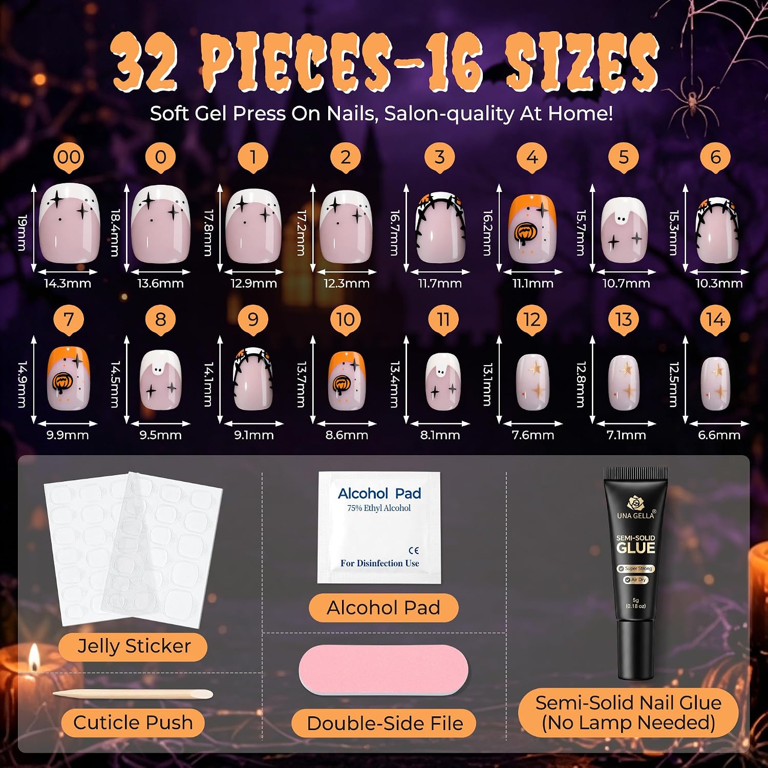 Detalle 2 de UNA GELLA UG-BX014 Halloween Press-On Nails, Short Squoval, 32 Pieces