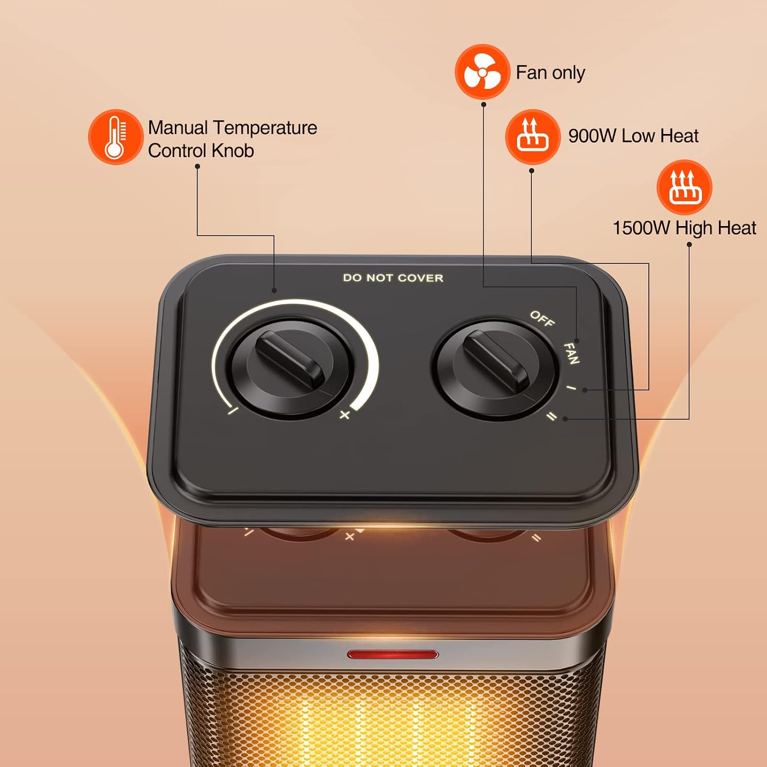 Detalle de Oprunsy PTC-SH002 Ceramic Space Heater, 1,500W, 3 Modes, Adjustable Thermostat