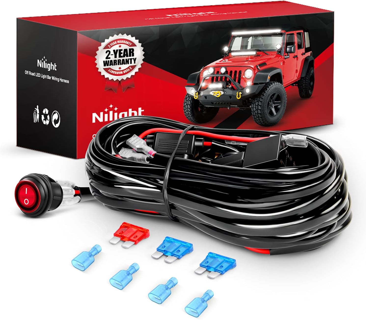 Detalle de Nilight 10008W Two-Lead LED Light Bar Wiring Harness, 12V Relay and Fuse