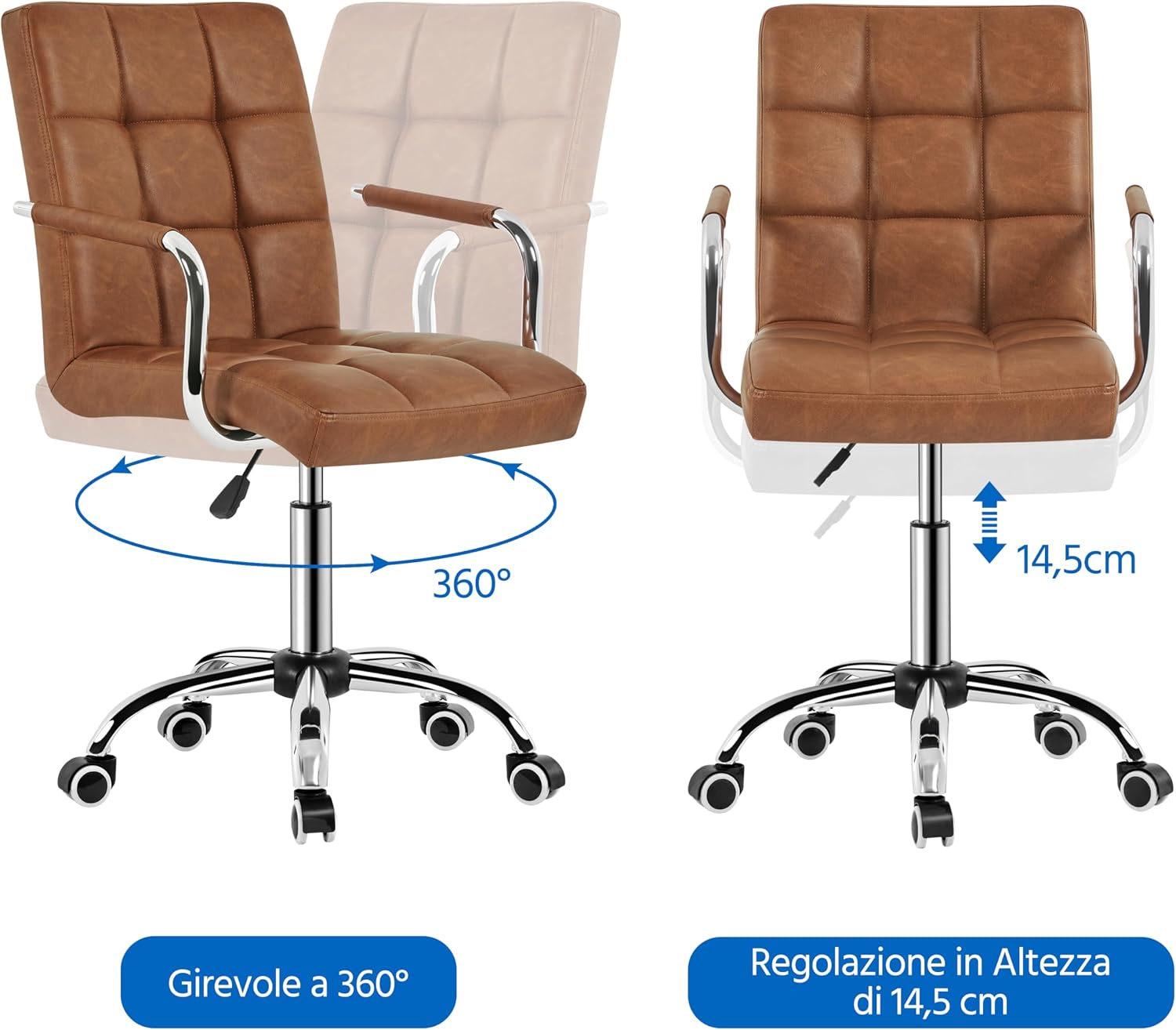 Detalle 2 de Yaheetech sedia ufficio con rotelle girevoli in ecopelle, altezza regolabile e braccioli rimovibili (marrone vintage)