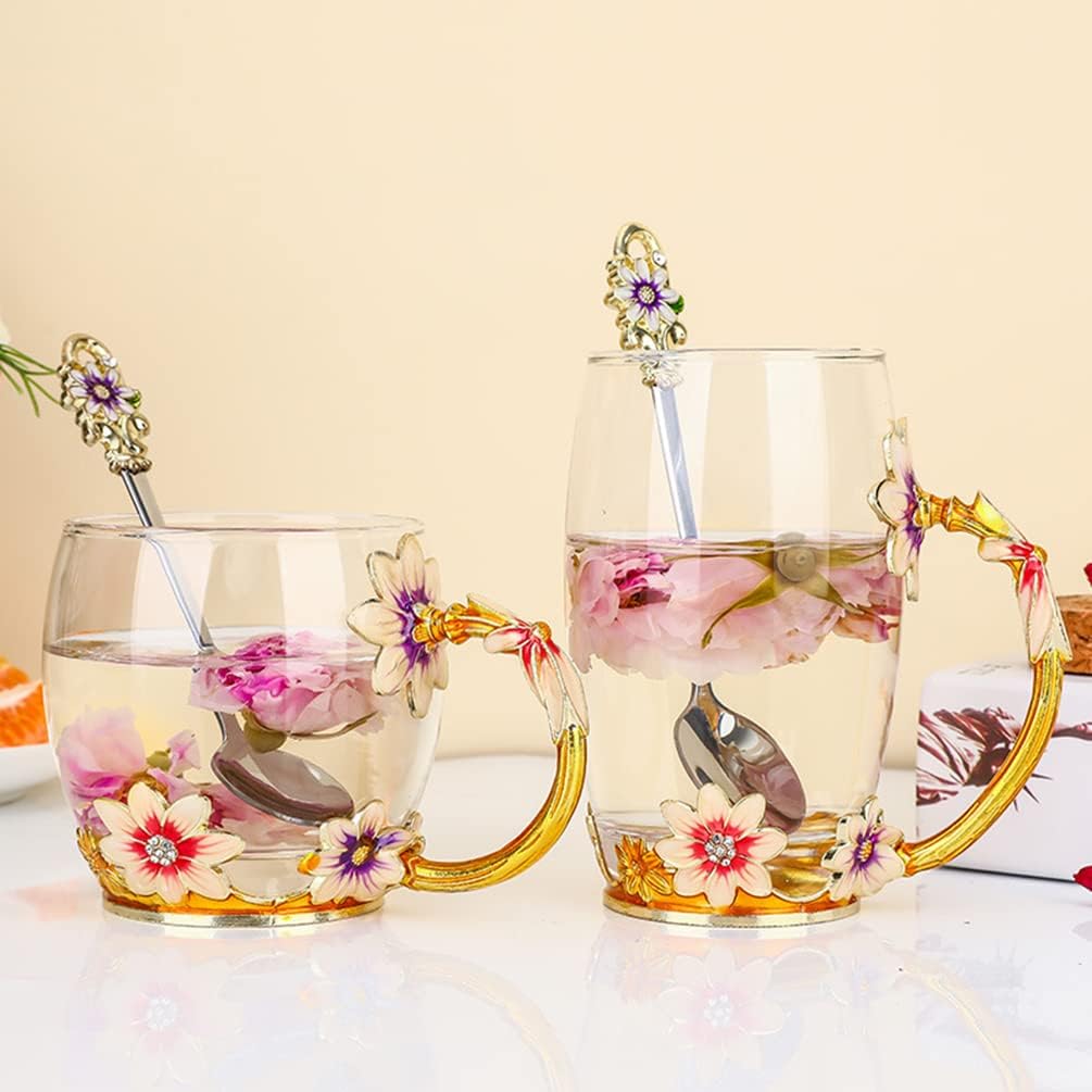 Detalle 2 de Biigming Tasse à thé en Verre émaillé – szklany kubek z kwiatowym zdobieniem