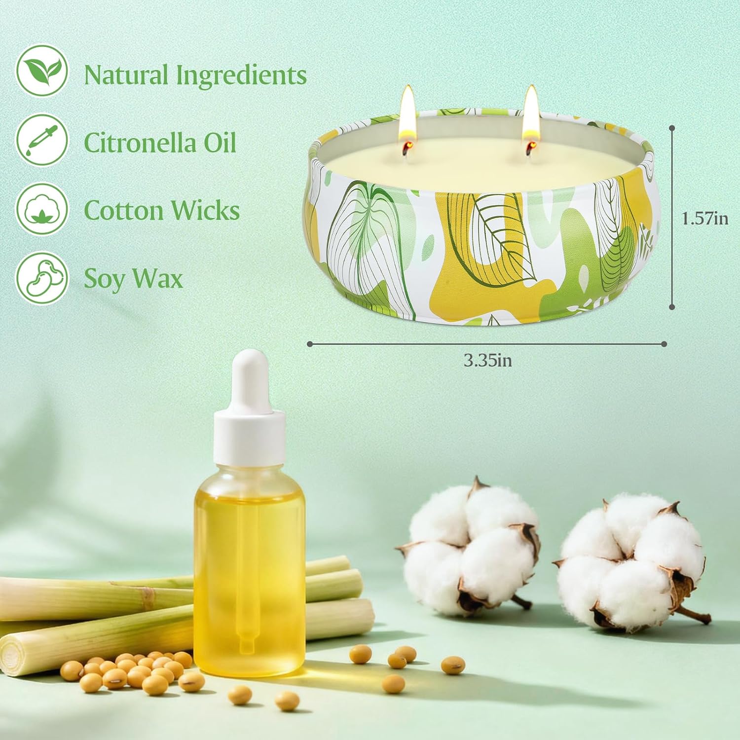 Detalle de Citronella Candle Outdoor 4x6oz Set – 2-Wick, Natural Soy Wax, 40–60 Hours Each