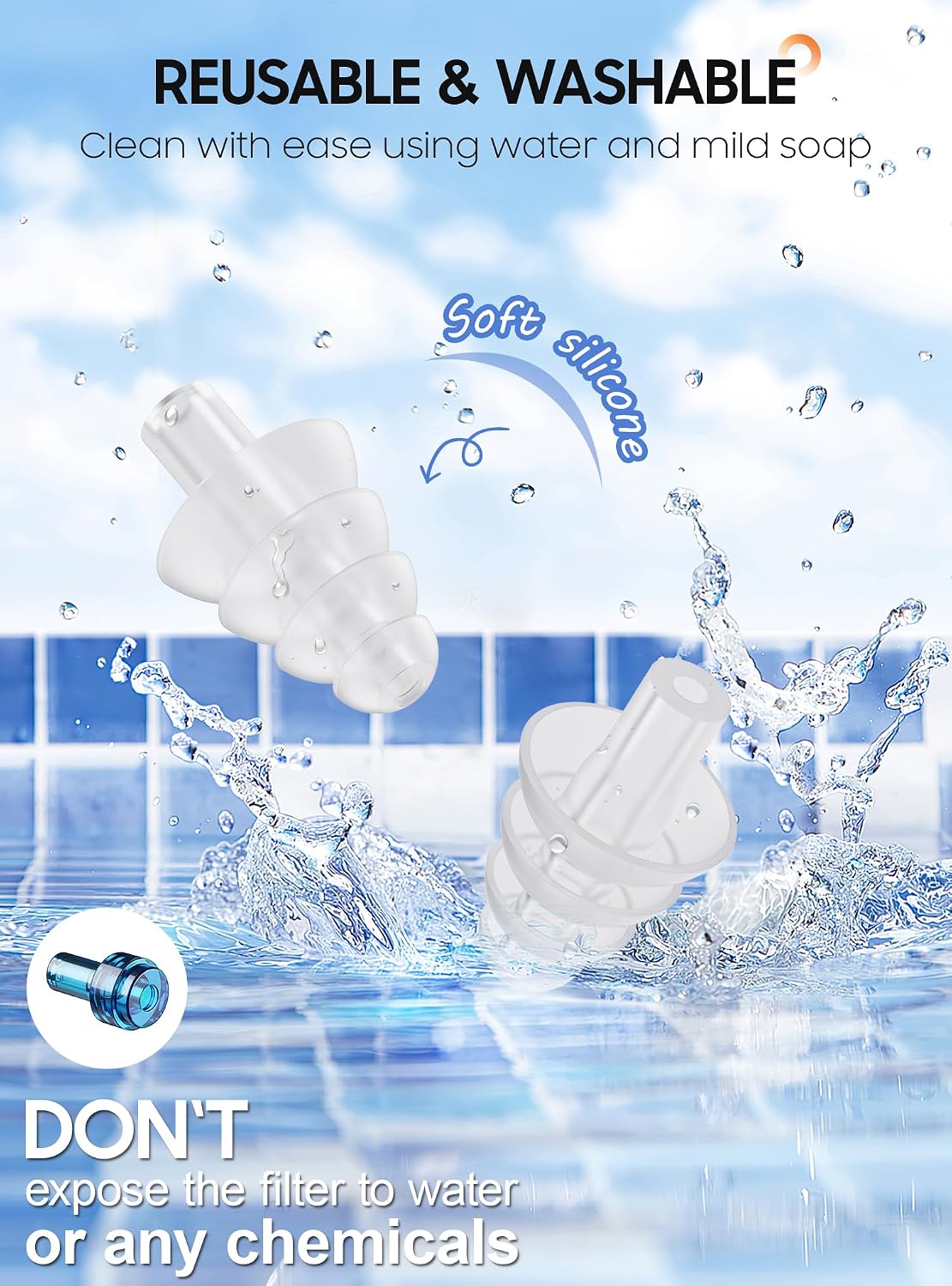 Detalle de Eargrace Ear Plugs for Flying (2 Pairs) reusable silicone earplugs with 26dB noise reduction for adults