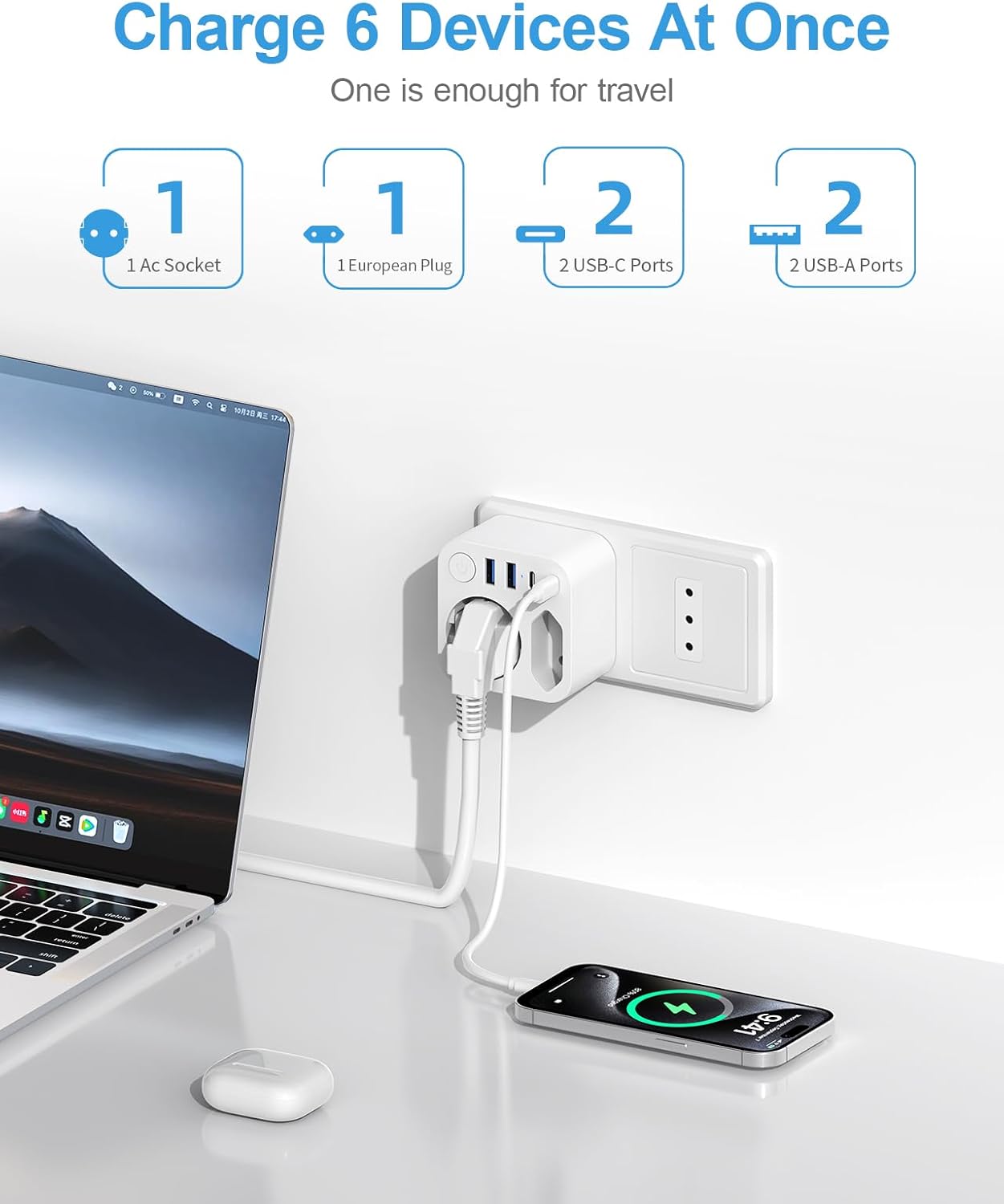 Detalle de Deutschland Nach Italien Steckdose mit 4 USB (2 Typ-C) – 6-in-1 Reiseadapter für Italien und weitere Länder, Weiß