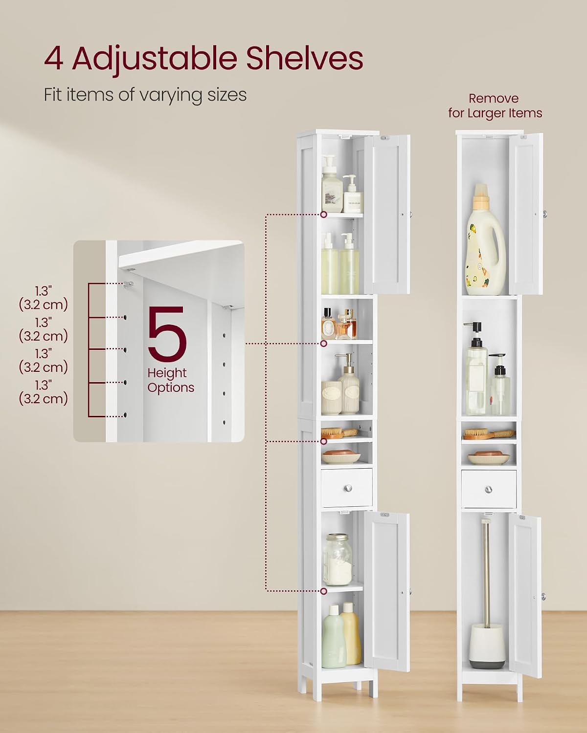 Detalle de VASAGLE SIREN Collection BBC765W01 Slim Bathroom Cabinet, Adjustable Shelves, Cloud White