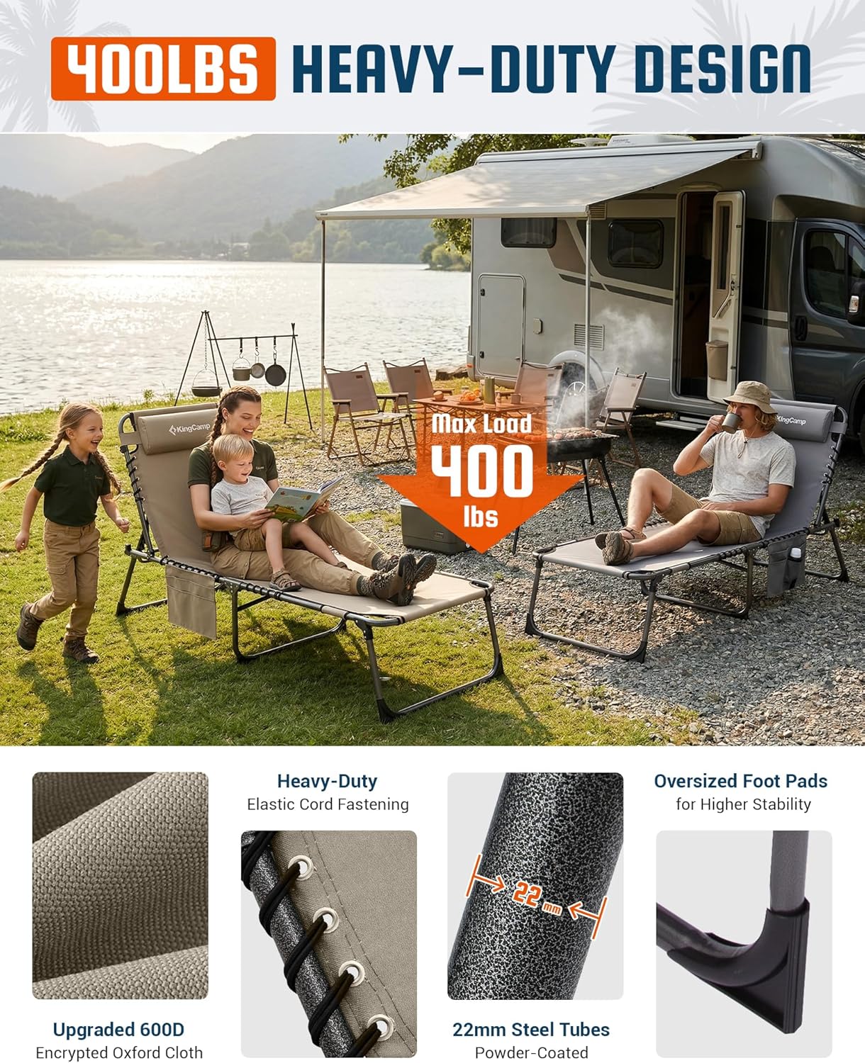 Thumbnail 6 de KingCamp Lounge Chair with Face Hole & Canopy Shade — 5-Position Folding Beach Sun Tanning Chair (400LBS)