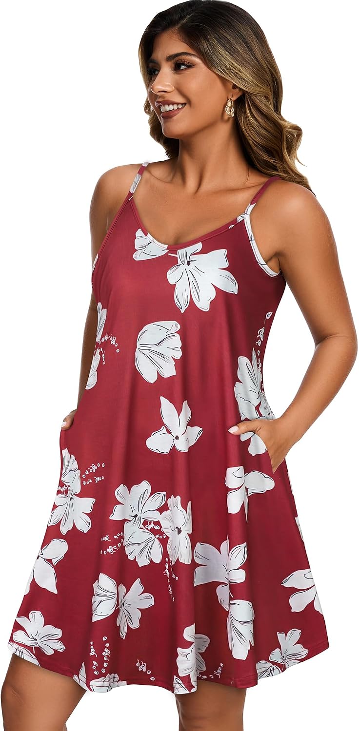 Detalle 1 de ADOREJOY Women's Spaghetti-Strap Summer Sundress with Pockets, Button-Down V-Neck