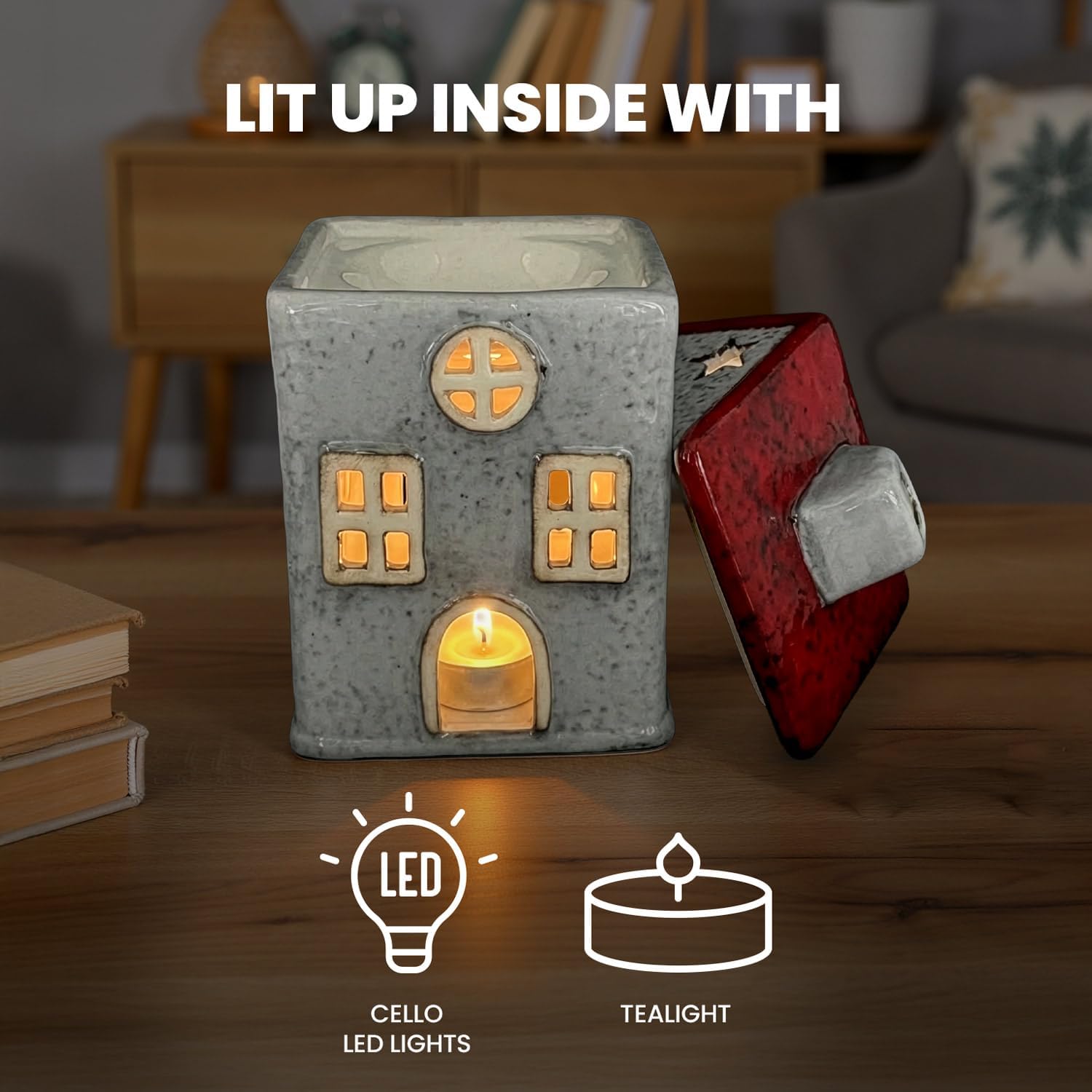Thumbnail 3 de Cello Star Cottage Burner (Red) – ceramic wax melt & oil burner with tealight holder