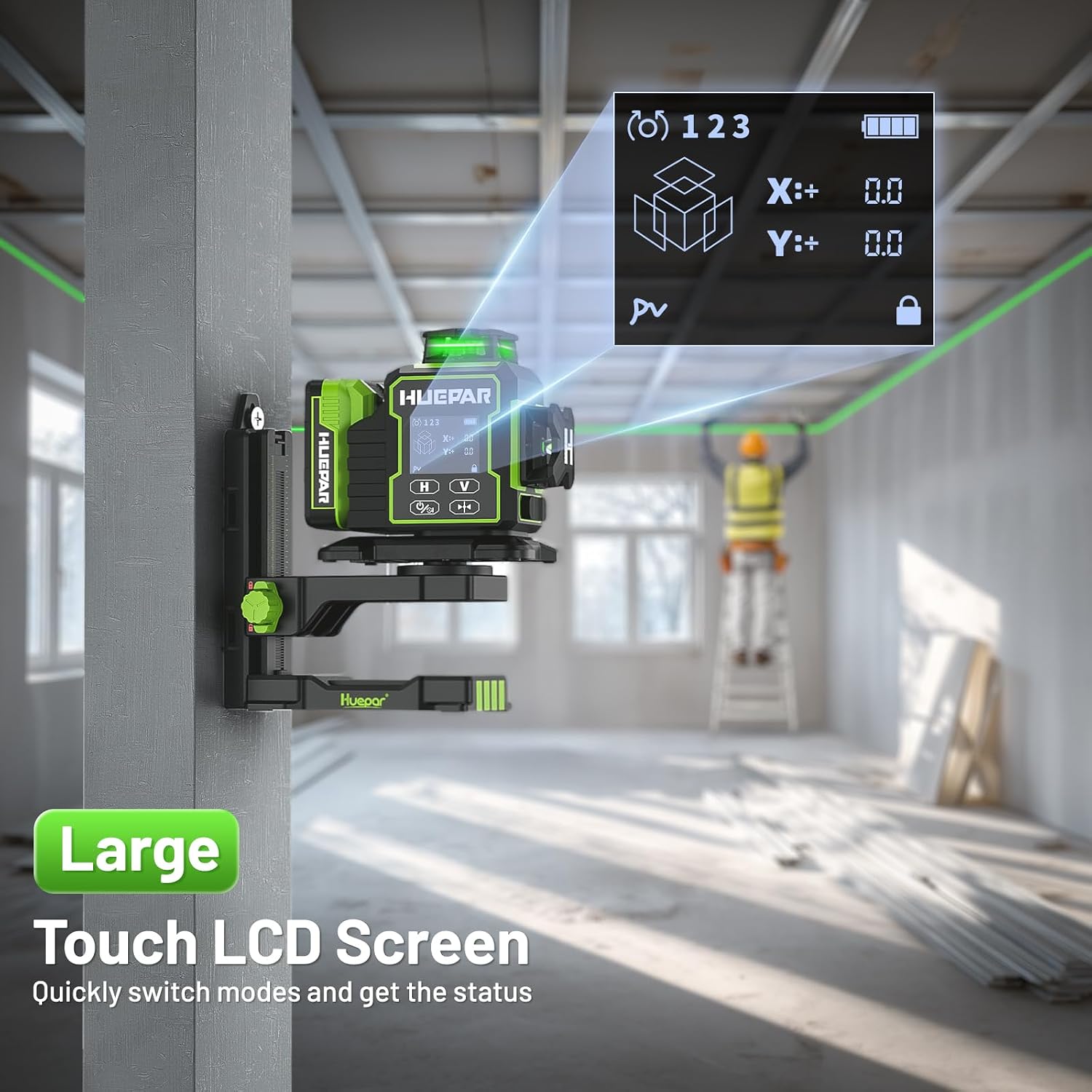 Detalle de Huepar W03CG New Construction 3D 3x360 Green Laser Level (Bluetooth, Electric 360° Base & Large LCD)