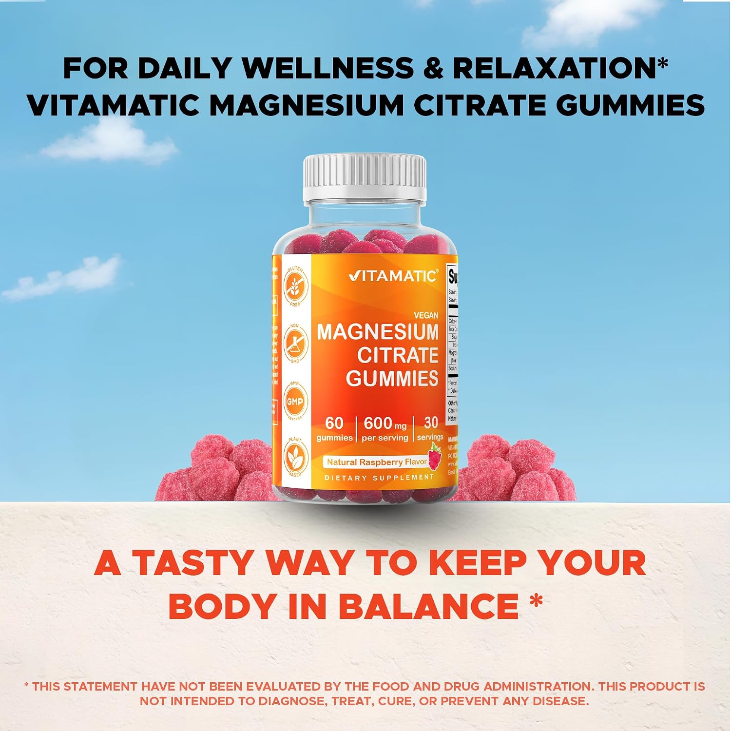 Detalle 2 de Vitamatic Magnesium Citrate Gummies, 600 mg, Vegan Raspberry, 60 Count