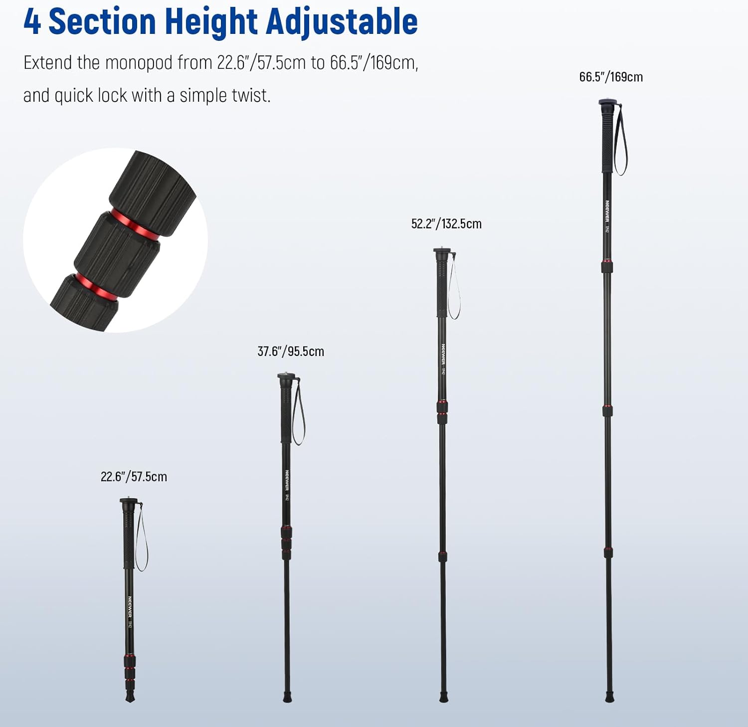 Thumbnail 2 de NEEWER 66.5" Camera Monopod Stand (Lightweight Aluminium Travel Monopod) with 1/4" & 3/8" Adapter, TP42