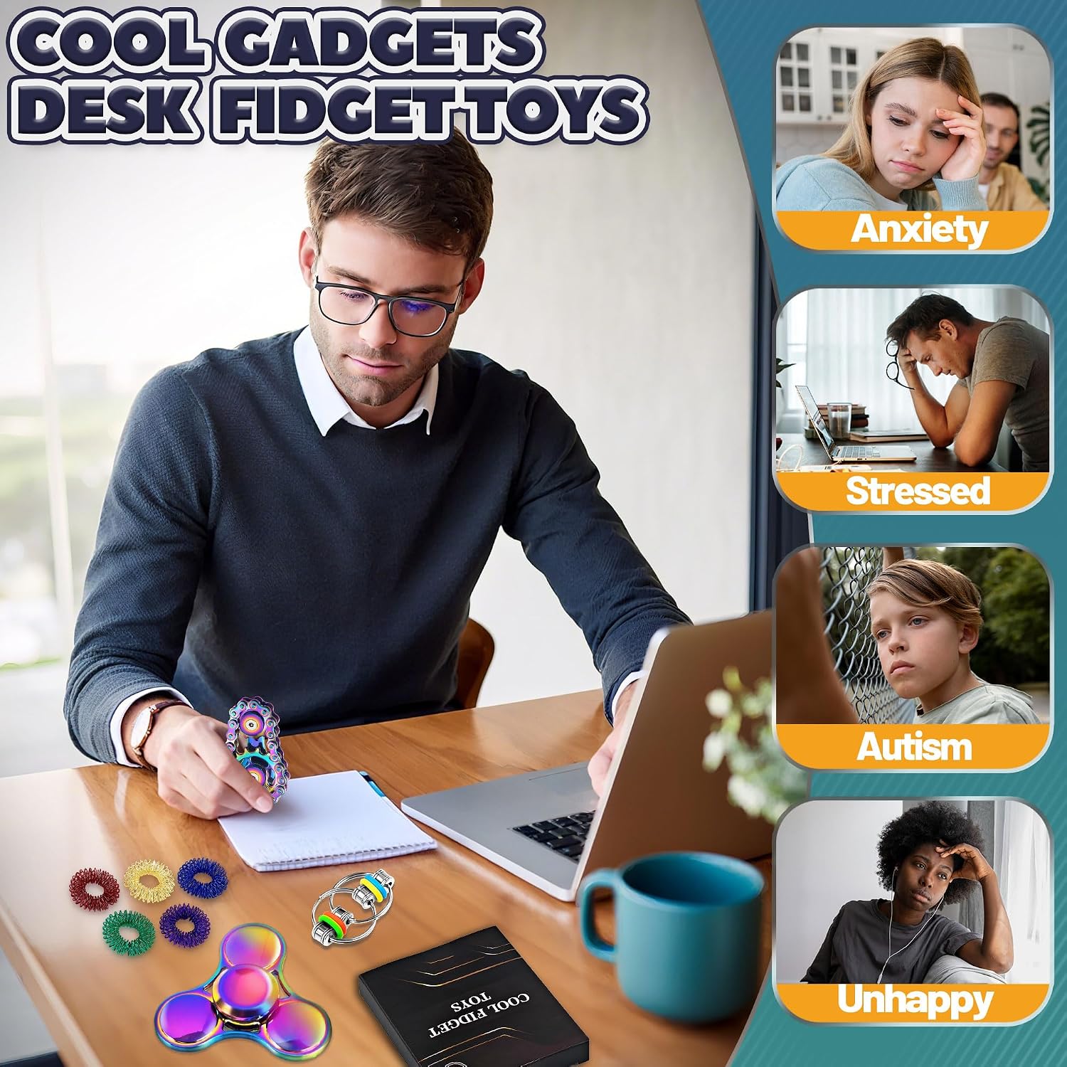 Thumbnail 4 de Chilvil 8-Piece Metal Fidget Toy Set with Sensory Rings and Spinners