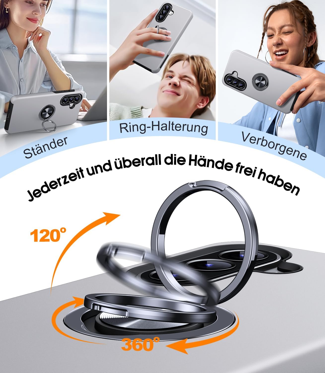 Detalle de AOUIA Hülle für Samsung Galaxy A57 5G mit 2 PanzerGlas‑Schutzplatten – Militärischer Stoßschutz, 360° Ringständer