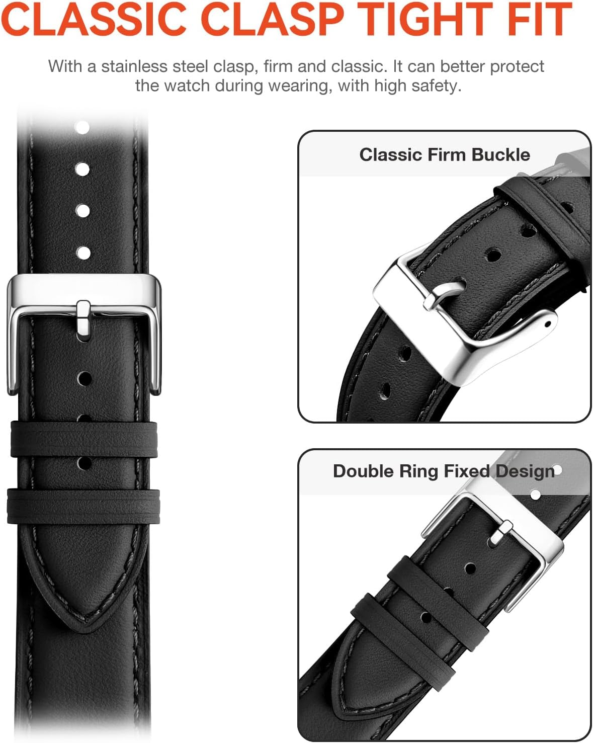 Detalle de SUNFWR Genuine Leather Apple Watch Strap 38/40/41/42mm — Classic Leather, Secure Buckle