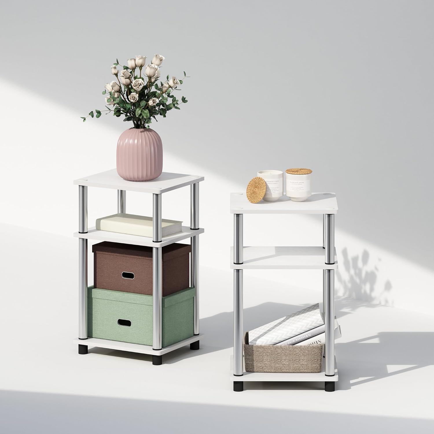Thumbnail 4 de Furinno JUST Set di 2 Comodini Turn-N-Tube a 3 livelli, Rovere bianco/Acciaio inossidabile