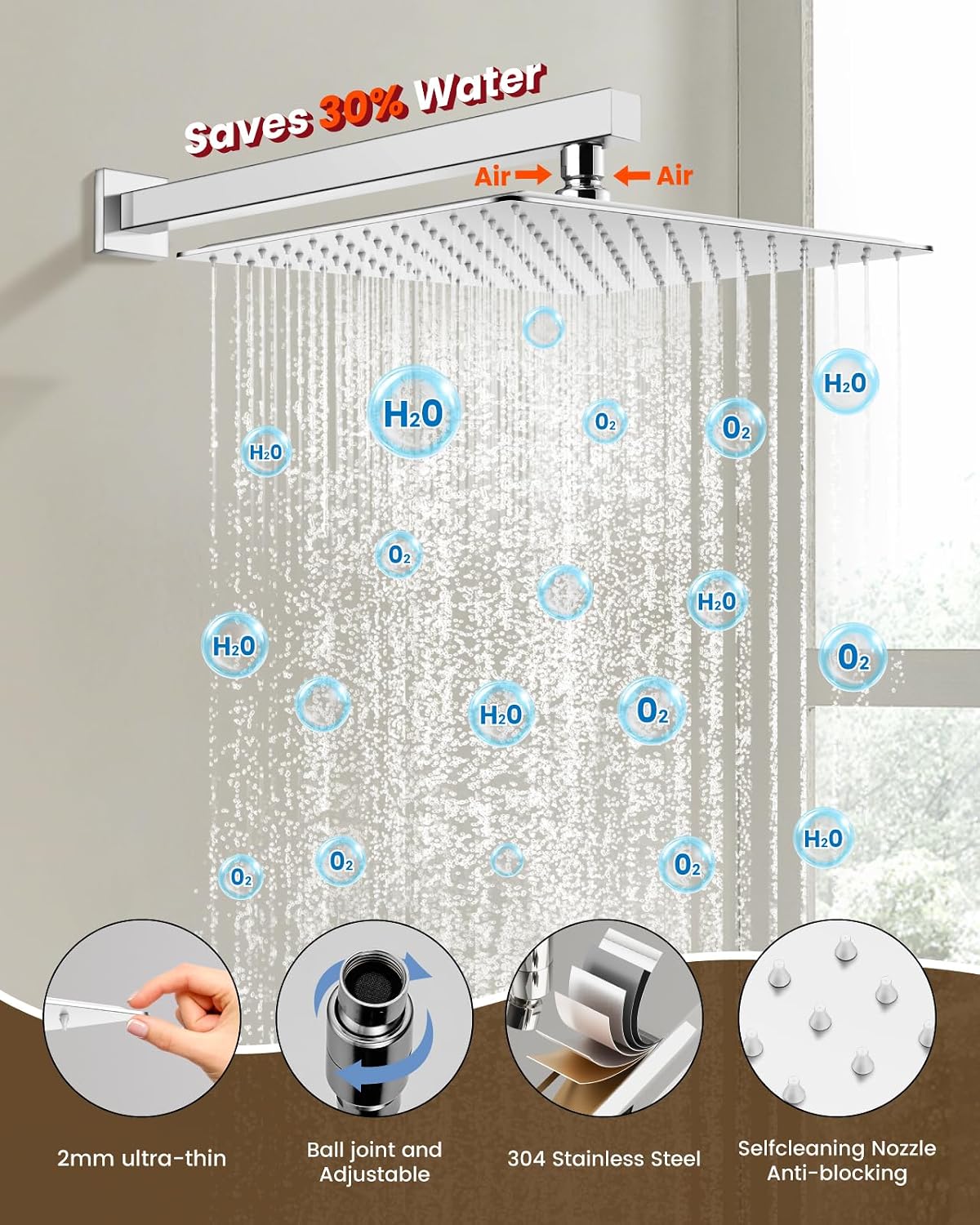 Detalle de gotonovo Shower Faucet Set with 12-Inch Rainfall Head, Handheld Spray, Chrome