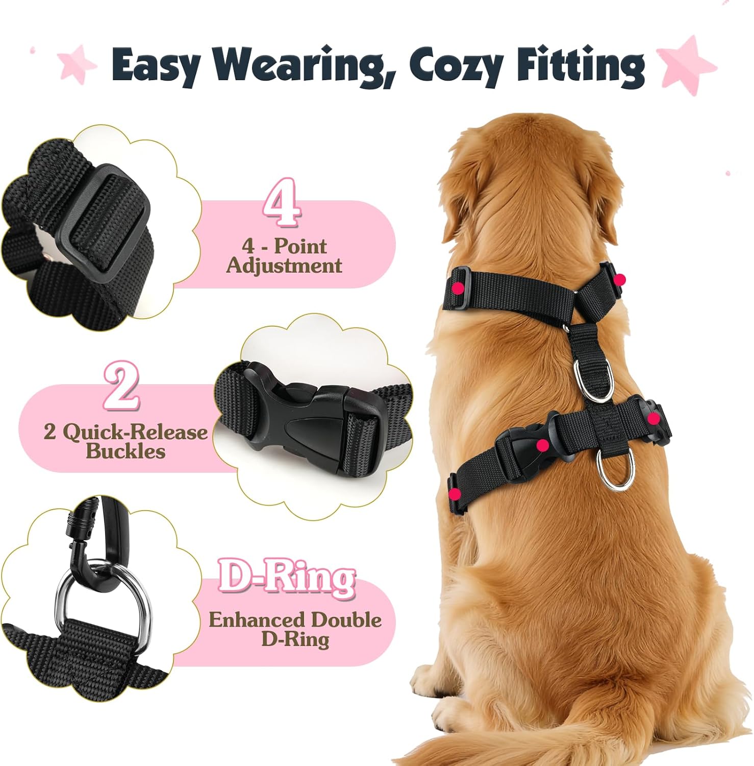 Thumbnail 4 de Pawaboo Dog Seat Belt Harness (Pink & Black) with Double Clips, Elastic Bungee and Adjustable Vest