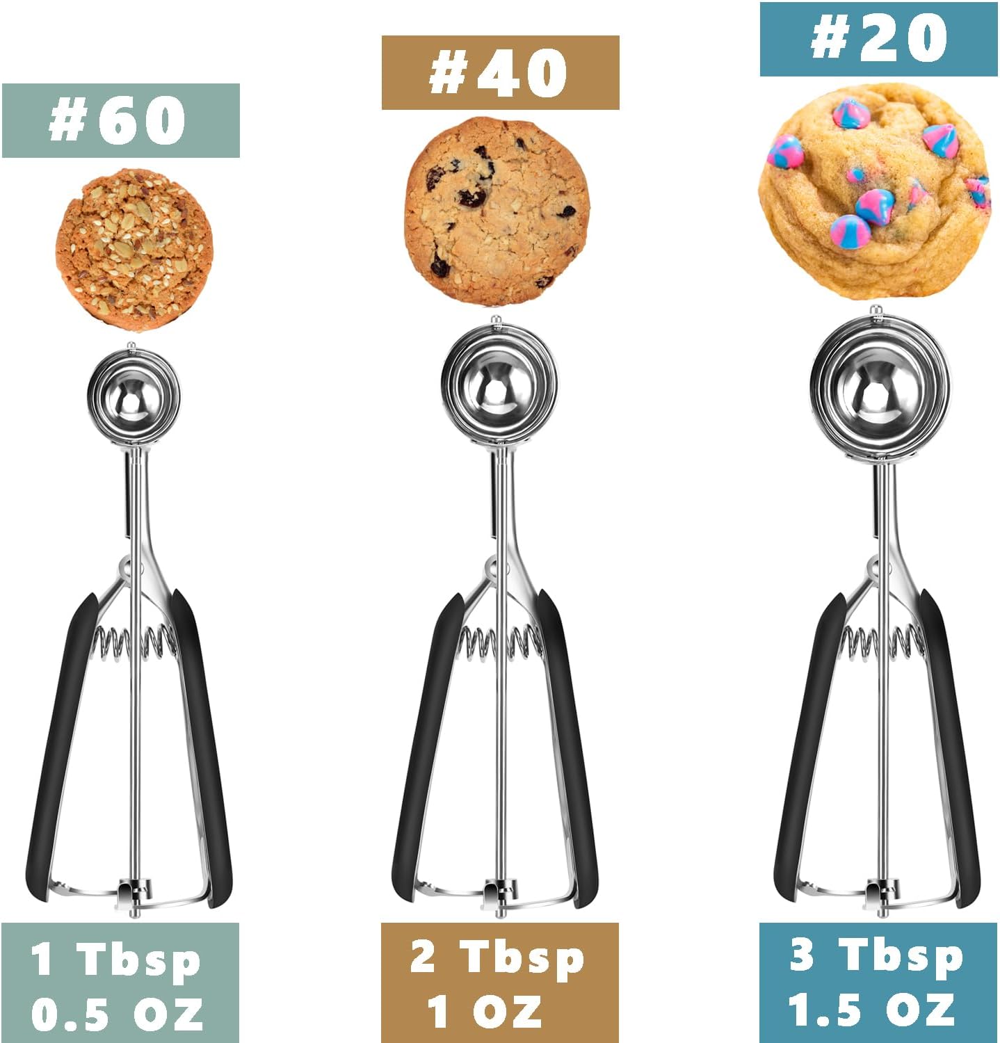 Detalle de HOMURE H Cookie Scoop Set — 3-Piece Stainless Steel Scoops (1 Tbsp, 2 Tbsp, 3 Tbsp) with Non-Slip Grip