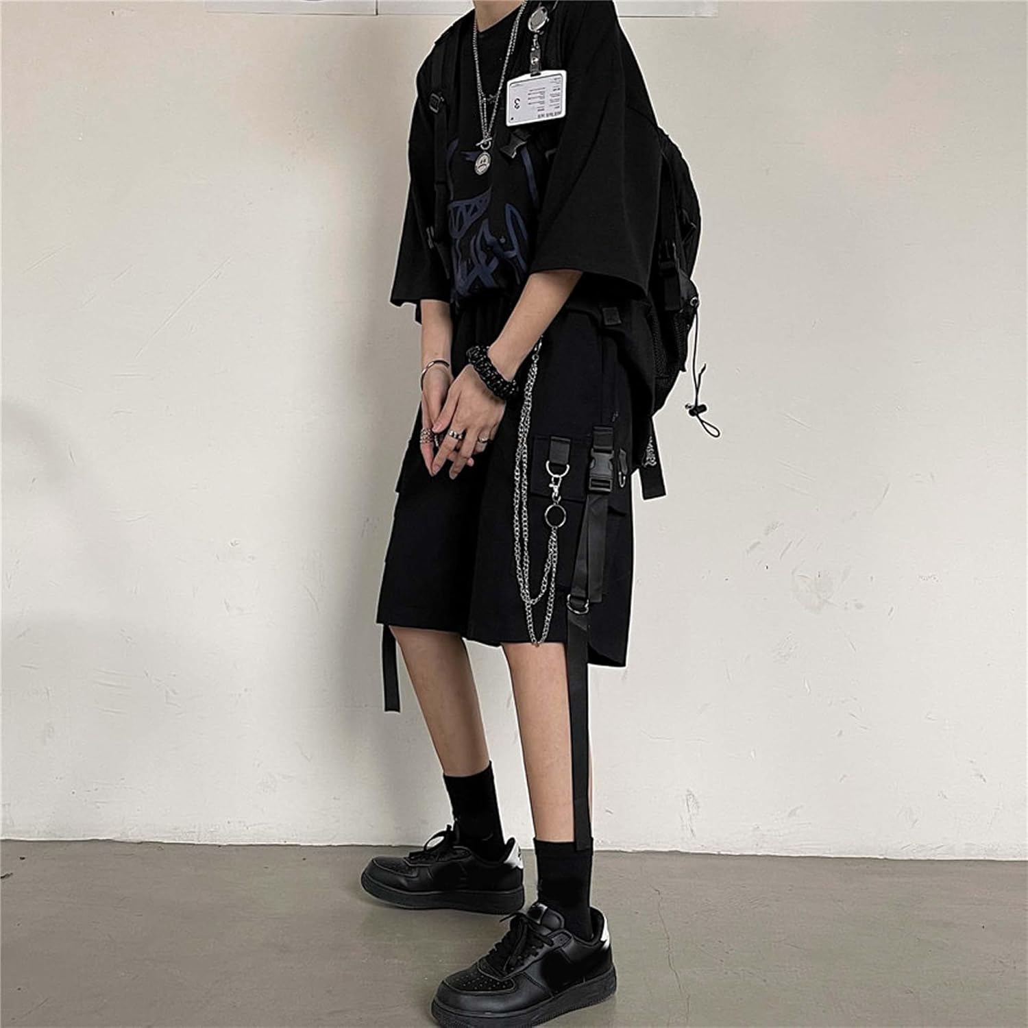 Detalle de MEINVQIAOTI Schwarze Cargohose Damen – Street Harajuku mit Ketten, locker & gerade