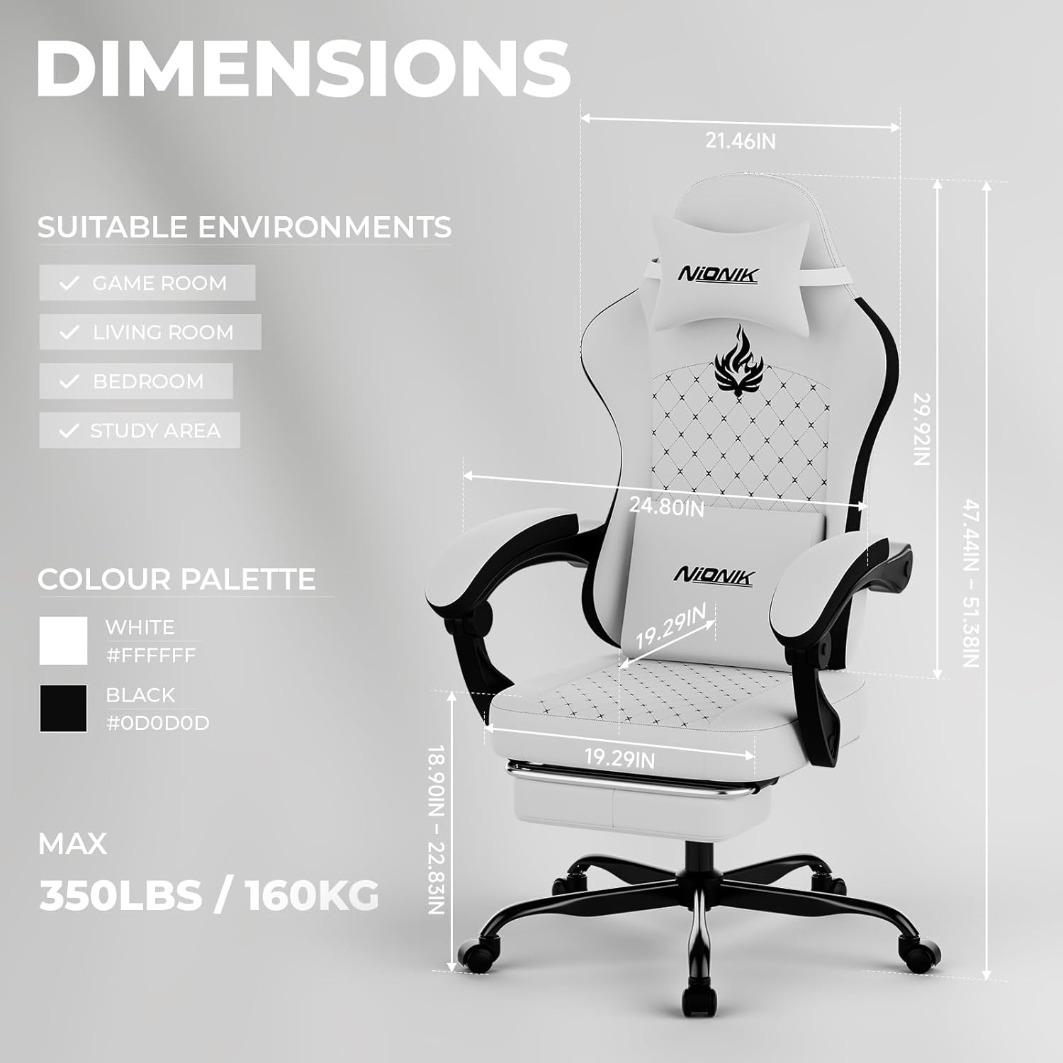 Thumbnail 2 de NIONIK Gaming Stuhl mit Fußstütze, verstellbarer Lordosenstütze und 3D-Armlehnen – höhenverstellbar für Homeoffice & E-Sports