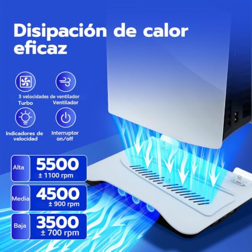Detalle 2 de Mcbazel Base de Carga y Refrigeración para PS5/PS5 Pro: estación con 3 ventiladores, carga de mandos y iluminación LED (Blanco)