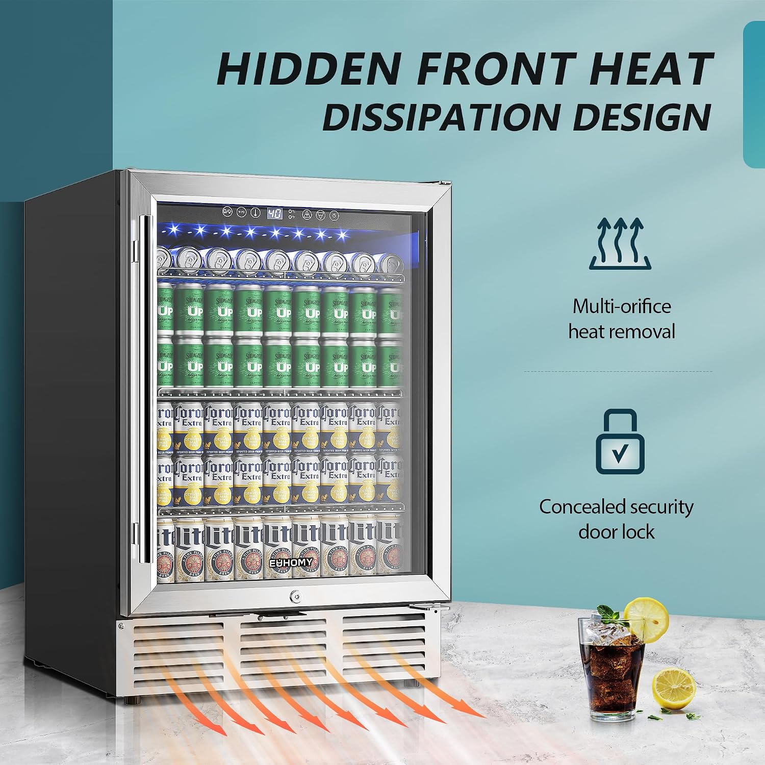 Detalle 2 de EUHOMY BRU-04 24-Inch Beverage Refrigerator, 180-Can, Built-In or Freestanding