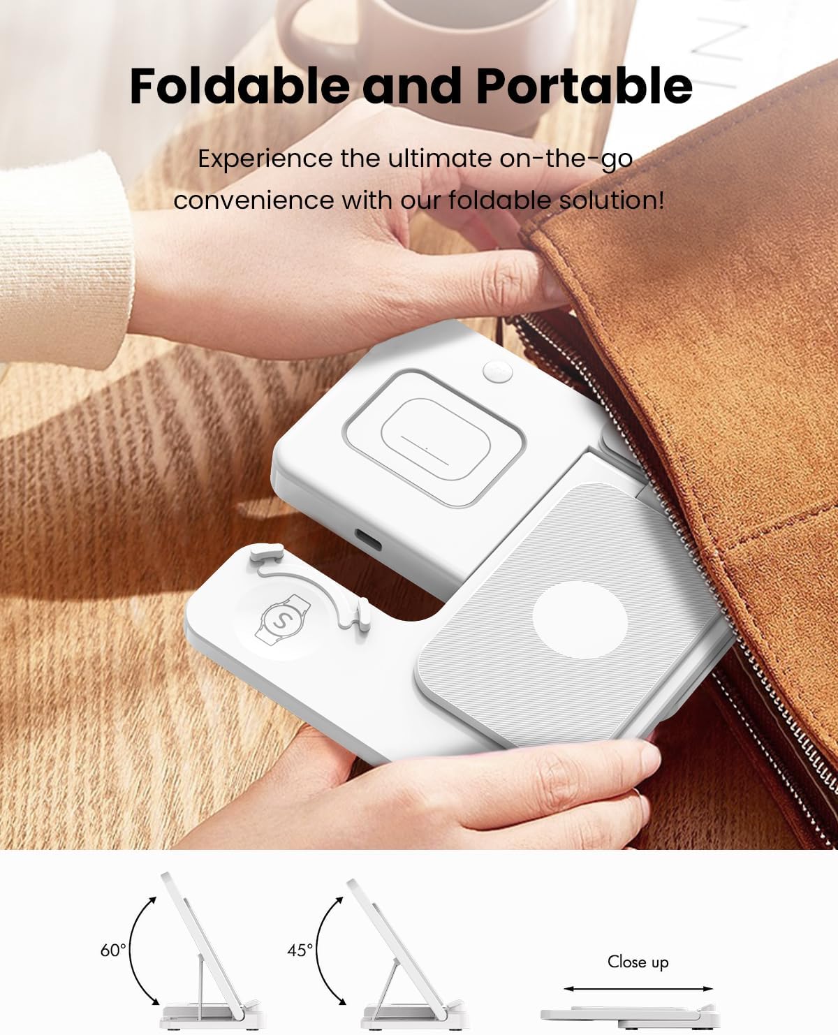 Detalle 2 de GEEKERA 3-in-1 Wireless Charger Dock for Samsung (Foldable stand for phone, watch & Buds) - White