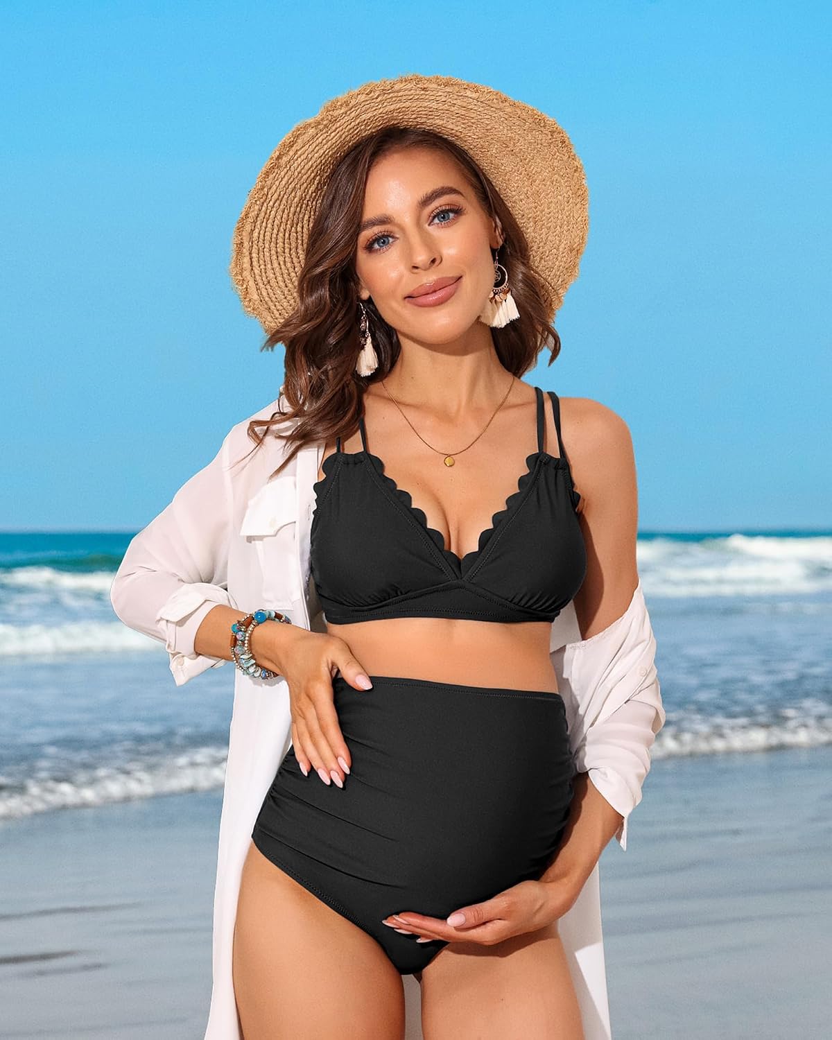 Thumbnail 6 de Charmo High Waisted Maternity Swimsuit Bikini Set with V Neck and Scalloped Trim
