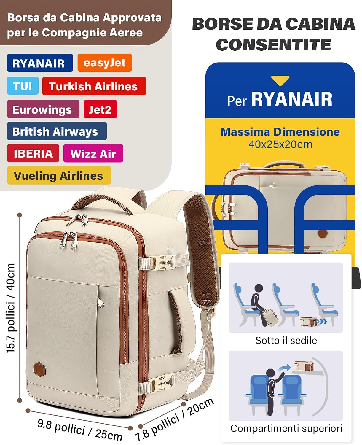Thumbnail 2 de VANKEV Zaino Ryanair 40x20x25 beige 20L con vano PC fino a 14 pollici