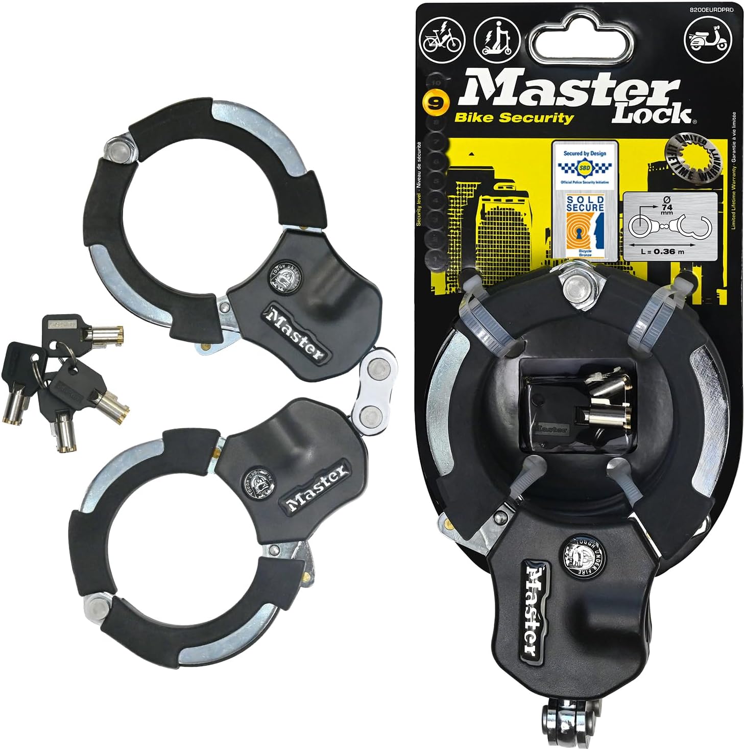 Master Lock Antifurto per Bicicletta 8200EURDPRO – Manette e Serratura a Chiave, 36 cm