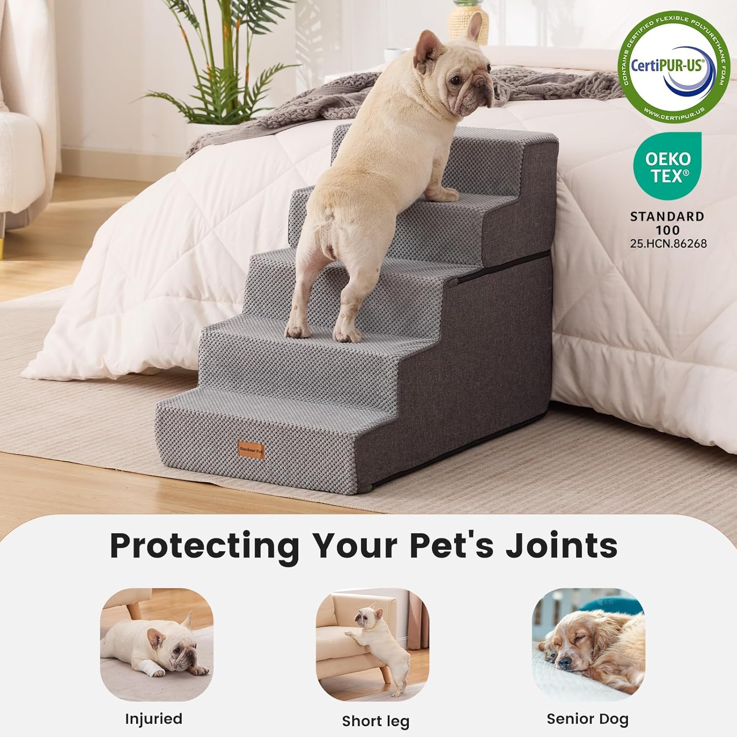 Detalle de Gardner Pet Dog Steps for Bed (58cm H) – 5-Step Extra Wide Waterproof Ramp with Non-Slip Fabric Cover and 35D Foam, Grey