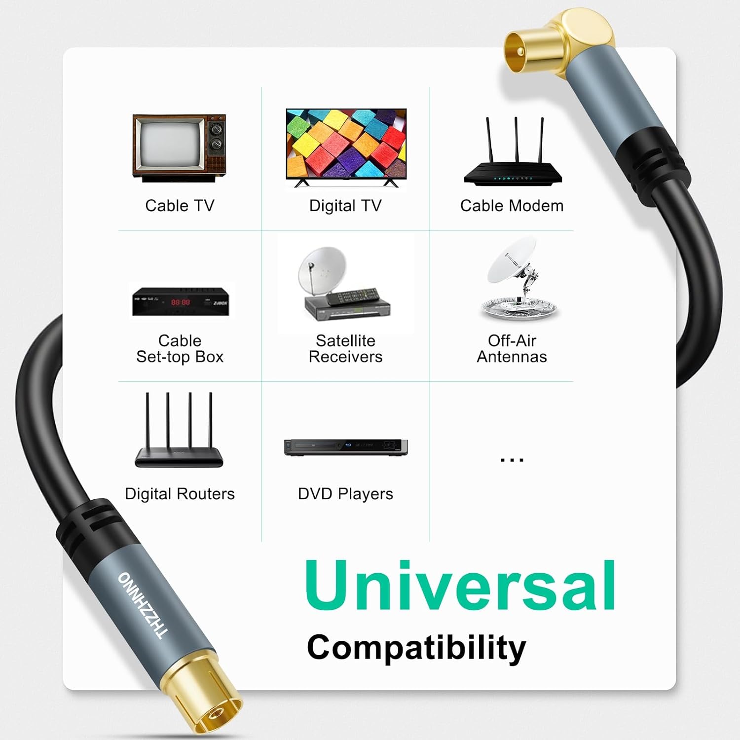 Detalle de Thzzhnno TV Aerial RG6 Coaxial Cable Right Angle 2M: 90 Degree Male to Straight Female