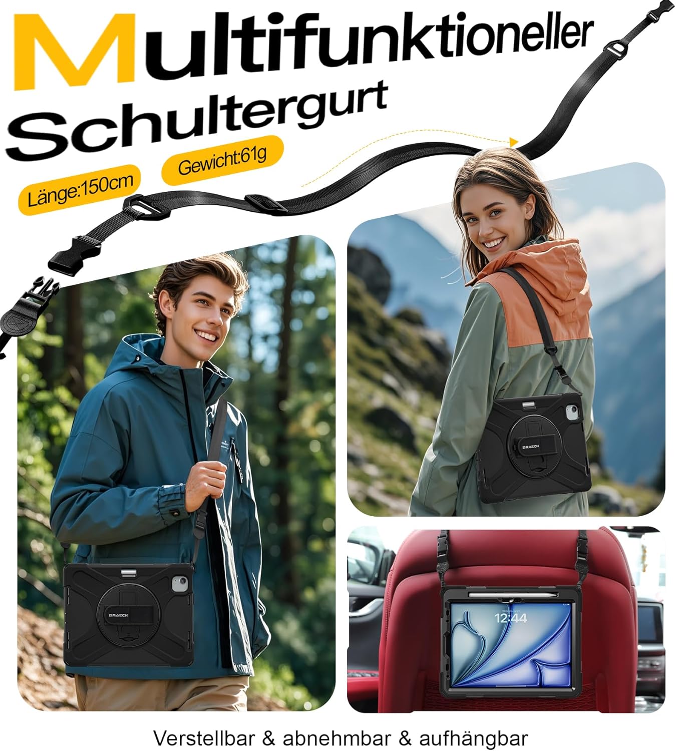 Thumbnail 4 de BRAECN Hülle für iPad Air 11 Zoll (M4/M3/M2, 2026/2025/2024) – stoßfeste Schutzhülle mit Displayschutz, 360° Ständer, Hand- und Schultergurt, Schwarz