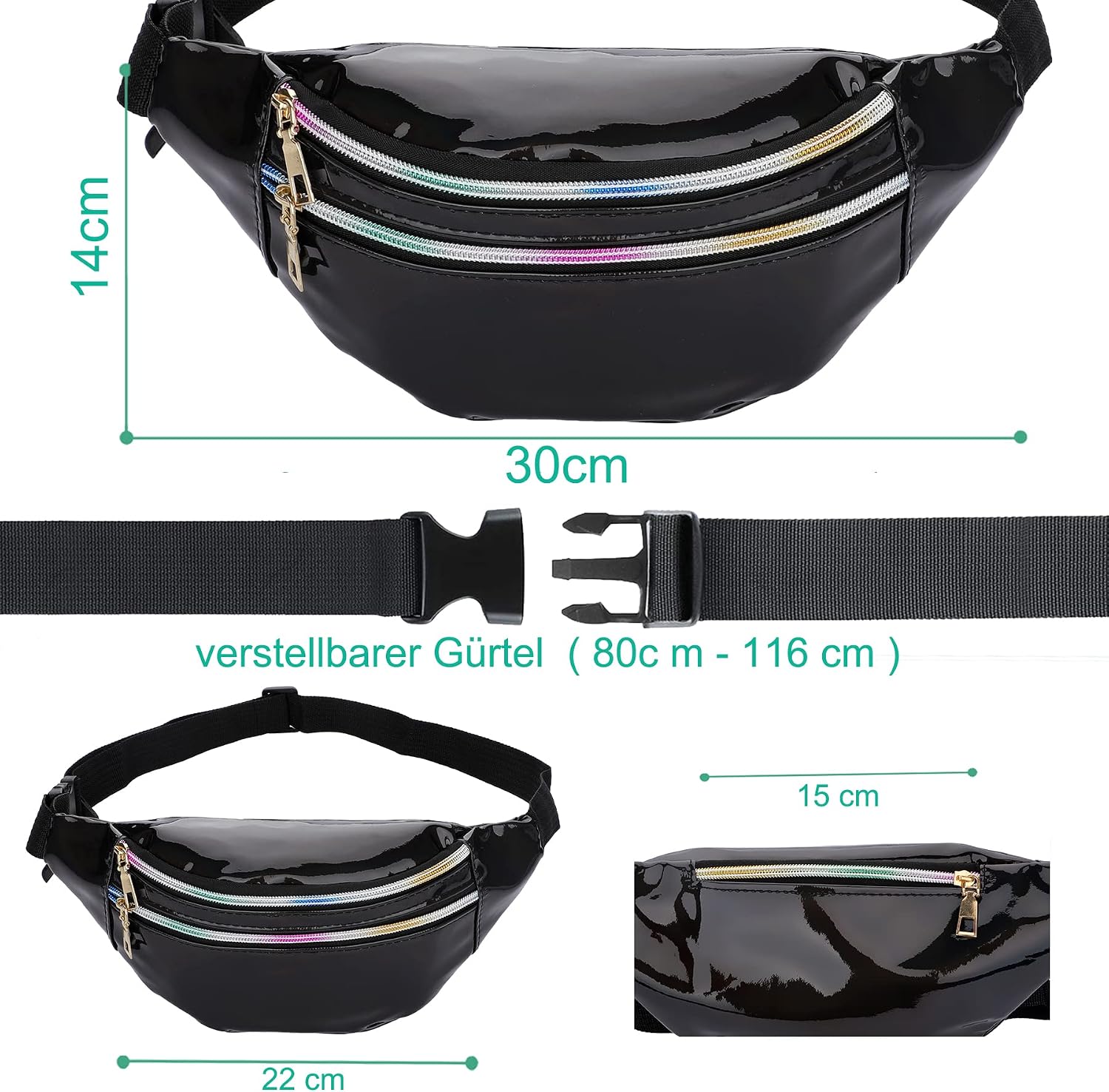Detalle 1 de TBoonor Bauchtasche Schwarz mit 3 Fächern