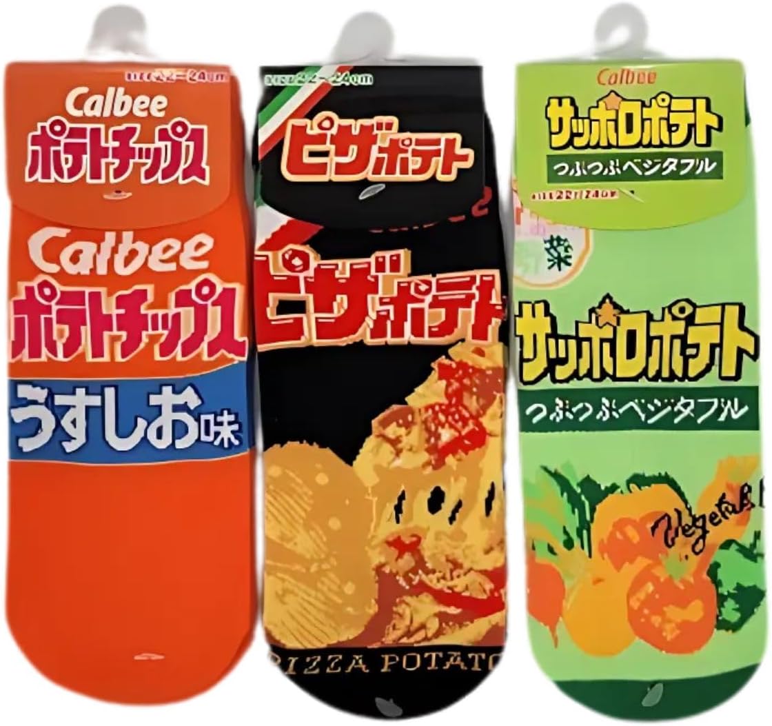 Detalle de カルビー お菓子パッケージ柄ソックス 3足セット|うすしお味・ピザポテト・つぶつぶベジタブル